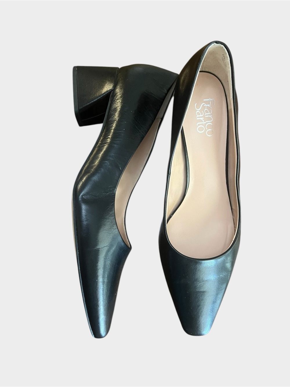 Franco Sarto Jesslyn Black Leather Block Heel Pumps Size 11 Pointed Toe Classic